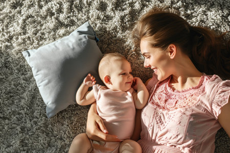 Young mother sleeping with child spending time lying on carpet floor sofa kid daughter family love care happiness joy smiling parents lifestyle relaxation home cute toddler mom young cheerful personの素材