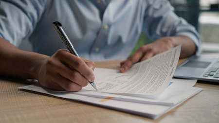 Close up male hands writing exam in class business paperwork with glass of water on office desk unrecognizable man businessman student studying write paper notes document text form insurance summaryの写真素材