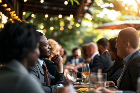 Diverse colleagues dinner meeting lunch in office restaurant businessmen group cafeteria cafe discussion business fine dining corporate teamwork expensive tasty dish food coworkers cheering talkingの素材