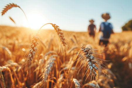 Two children friends cousins running through wheat field joy freedom in nature summer spring happiness childhood games play funny experience fun sunset countryside growth boy girl future rural sceneの素材