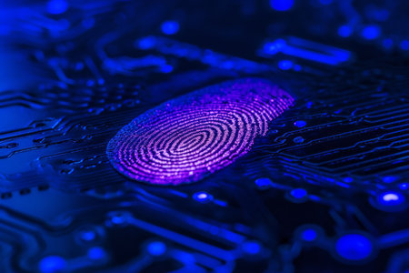 Fingerprint scanner digital footprint computer security safety tracking transparency biometrics finger scan recognition network security privacy identification id access password protection cyberneticの素材