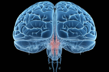 Side view colorful glowing neon human brain parts intelligence scan anatomy neurology black background. Medical science artificial intelligence futuristic glowing plexus structure digital technologyの素材