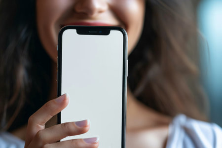 Young happy girl female woman shows phone screen mockup advertisement ad technology smartphone hand holding device internet app showcase business solution message media application close-up backgroundの素材
