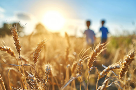 Two children friends cousins running through wheat field joy freedom in nature summer spring happiness childhood games play funny experience fun sunset countryside growth boy girl future rural sceneの素材