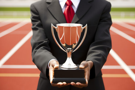 Close up unrecognizable man male guy judge formal suit holding shiny gold prize cup award trophy showing to camera giving best runner marathon winner sportsman outside race. Success championship sportの素材