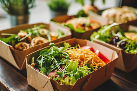 Eco-friendly food package delivery wrapping safe recyclable container lunch disposable cardboard recycling organic box concept vegan product order zero waste sustainable material meal biodegradableの素材