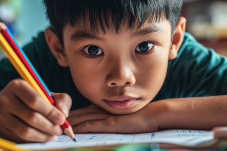 Close up portrait tired young little boy Japanese ethnic kid child studying hard lying on desk writing pencil homework upset bored looking at camera education troubles indoors school classroom lessonの素材
