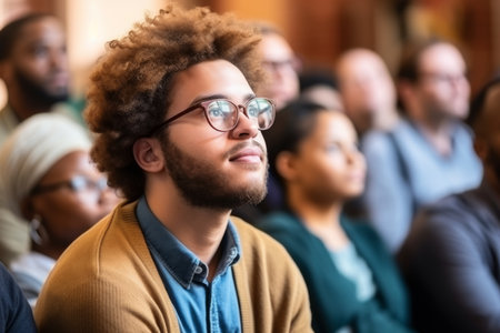 Portrait focused confident young African American male man guy businessman student glasses listens class seminar presentation university lecture education multiethnic people indoors classroom collegeの素材