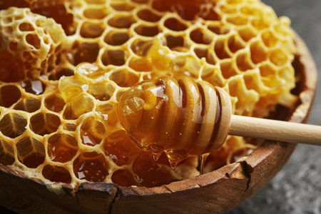 Sweet natural honey honeycomb dipper bowl fresh spring flowers bee golden syrup cells nature sweet healthy food delicious ingredient bees summer comb pure tasty eco food medicine yellow liquid tasteの素材