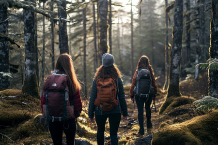 Friends on hiking route traveling together fun activity mountains nature sports healthy lifestyle summer travel carrying backpack friendship group walk weekend leisure holiday carefree hikers touristsの素材