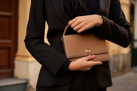 Close up unrecognizable woman holding handbag fashionable lifestyle business stylish businesswoman elegant lady girl female model brand company clothes new collection accessories classic trendy luxuryの素材