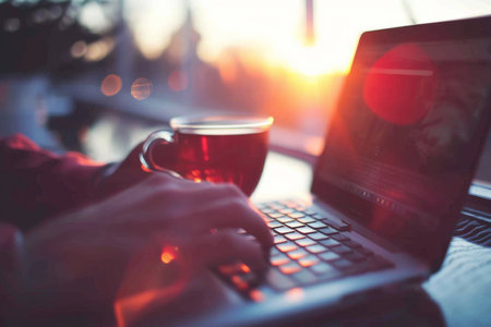 Human hands typing laptop technology working using computer web online drink cup hot tea coffee sunset job freelance entrepreneur browsing business search workplace internet device gadget cyberspaceの素材