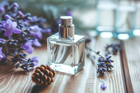 Bottle perfume cone purple flowers lilac lavender smell aroma advertising freshness design elegance fragrance liquid luxury exclusive cosmetic feminine minimalist presentation essence product sampleの素材