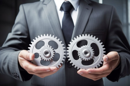 Man holding gear in hands. Teamwork metallic silver equipment industrial progress engineering machine mechanical cog wheel technology steel power transmission motion circle construction developmentの素材