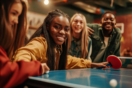 Happy teenagers playing ping pong pretty diverse college friends having fun tennis match play young guys leisure time sports activity action friendly competition friendship entertainment table sportの素材