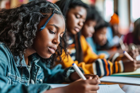 Young child doing homework preparing for test exercise exam education system learning writing notes kid studying drawing interactive lessons home book interested engaged elementary school essay taskの素材