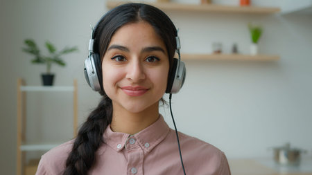 Webcam view Arabian woman smiling girl blogger businesswoman internet tutor business coach in headphones talk to camera greet video meeting call online webinar lesson young student distant educationの写真素材