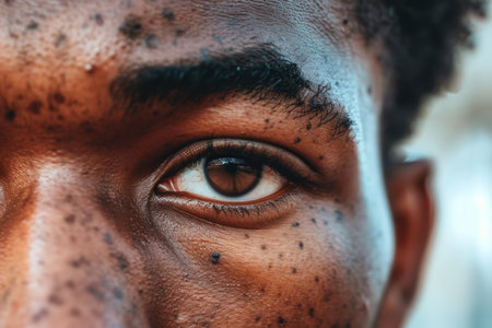 Close up detail serious confident teen African American man guy student model client customer businessman male stare beautiful brown eye looking at camera outdoors. Vision eyecare health ophthalmologyの素材