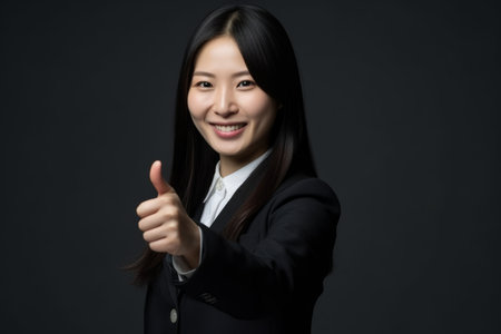 Portrait happy smiling successful professional Japanese female lady girl woman businesswoman elegant formal suit looking camera showing thumb up black background. Positive good gesture great work ideaの素材