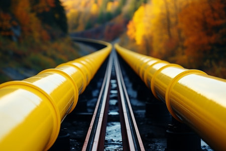 Close up steel pipes natural gas concrete supports supplying propane factory tanks valves. Production energy resources economy pipeline oil industry drainage system water transport business gasolineの素材