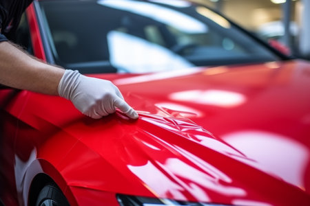 Professional unrecognizable Caucasian specialist male man guy worker master wrapping installing protective film vinyl foil new red sport car automobile transport paint protection indoors salon serviceの素材