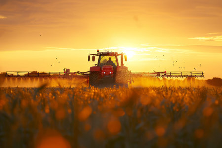 Modern tractor spraying fertilizer chemical spray pesticide land cultivated farmland farm harvest agriculture field equipment driving wheat meadow countryside ecology ecological farming eco-awarenessの素材