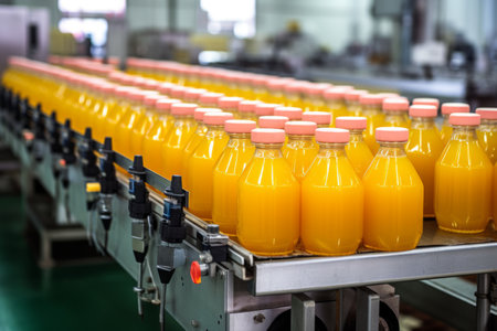 Orange juice factory production line farm plastic bottles glass tasty drink vegan vegetarian sugary healthy organic beverage calories free yellow soda morning diet health lifestyle packaging ecologyの素材
