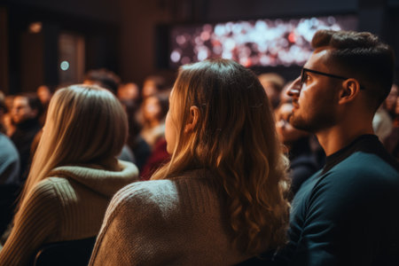 Diverse group backs of young people sitting outdoors man woman students listening speaker watching presentation conference cinema concert. Business education learning study entrepreneurship audienceの素材