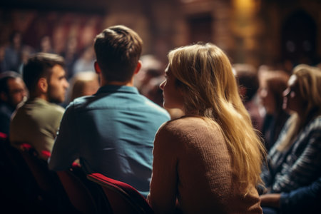 Diverse group backs of young people sitting outdoors man woman students listening speaker watching presentation conference cinema concert. Business education learning study entrepreneurship audienceの素材