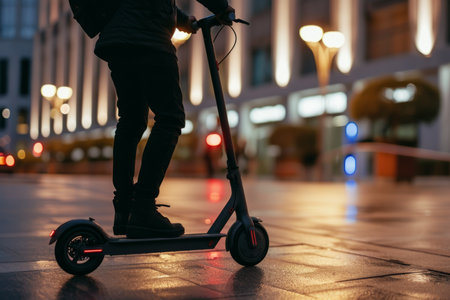 Person rushing on electric scooter transportation startup crossing street young adult person modern travel solution vehicle in motion fast ride business moving delivery courier job quick commutingの素材