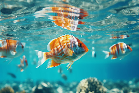 Exotic Ñolorful group underwater fish ocean aquarium beautiful tropical coral reef. Oceanarium animal wildlife marine ecology panorama water nature snorkel diving ecosystem environmental save planetの素材