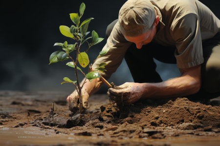 Close-up male man farmer worker gloved hands planting seeds touching soil ground gardening growth green vegetable tree plant. Landscape designer business ecology eco activist agriculture earth careの素材