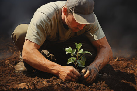 Close-up male man farmer worker gloved hands planting seeds touching soil ground gardening growth green vegetable tree plant. Landscape designer business ecology eco activist agriculture earth careの素材