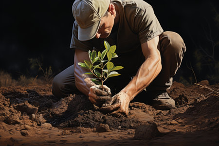 Close-up male man farmer worker gloved hands planting seeds touching soil ground gardening growth green vegetable tree plant. Landscape designer business ecology eco activist agriculture earth careの素材
