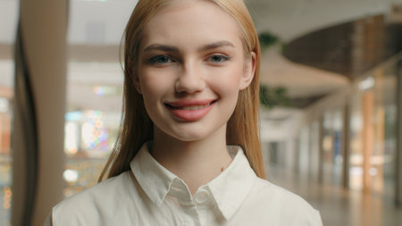 Close up portrait smiling Caucasian girl woman 20s young gen z lady shop assistant manager office worker female entrepreneur employee shopper consumer customer feminine client posing in shopping mallの写真素材