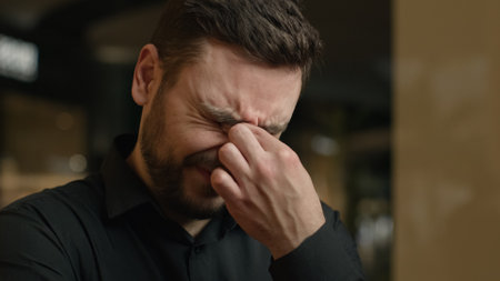 Close up anxious stressed Caucasian man tired upset guy rub dry irritated eyes feel pain ache eye strain sad male businessman crying tears bad vision discomfort suffer astigmatism syndrome headacheの写真素材