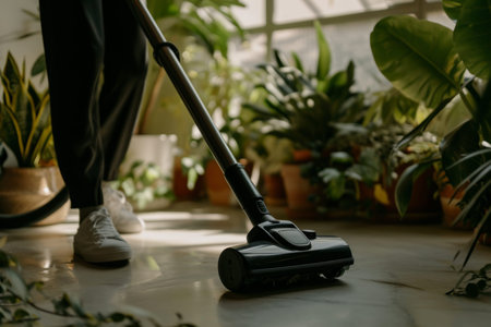 Close up one person cleaning the gardening room vacuum cleaner housekeeping home plants flooring...