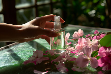 Woman holding bottle perfume spray smell pink flowers aroma advertising freshness elegance fragrance liquid luxury exclusive cosmetic feminine minimalist presentation essence product sample marketingの素材