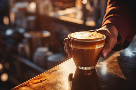 Man hand hold cup hot coffee beans cozy cafe evening relaxation calm tasty drink cocoa latte cappuccino americano espresso barista happy shop beautiful foam aroma milk chocolate caramel sweet pleasureの素材