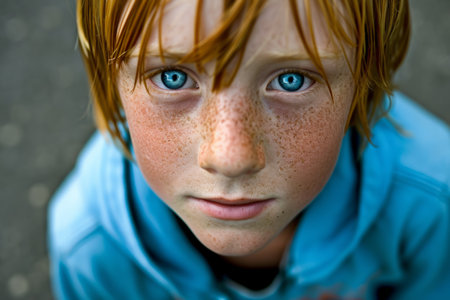Close up portrait teen Caucasian ginger male face little boy kid schoolboy model small guy child red hair freckles staring big blue eyes looking camera interested expression outdoors city town streetの素材