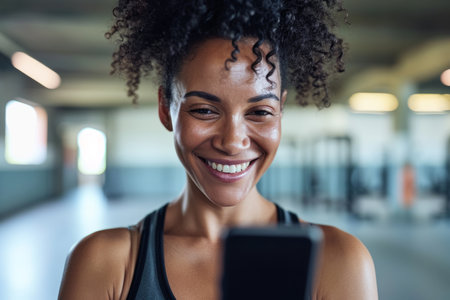 Sportive woman holding smartphone mobile phone telephone texting chatting girl smile communicate online web workout gym physical body training exercise internet message athletics technology sportswearの写真素材