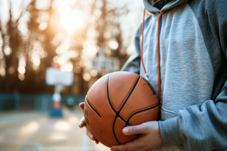 Teenager sweatshirt holding basketball young guy man sport athlete game autumn street city outside competition exercising fitness player training boy physical active sportsman hobby skill ball motionの素材