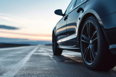 Close up car road trip speed insurance transportation driving wheel low camera position sunset...