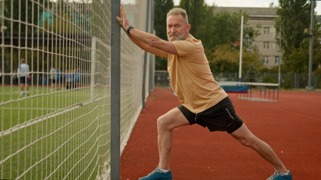 Elderly Caucasian man pensioner athlete outside city stadium physical activity sport flexibility...