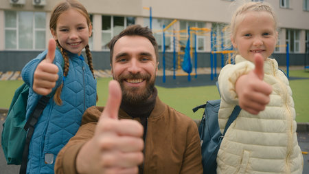 Happy European family dad daughters show thumbs up smile cheerful man girls approve like gesturing agree recommend sign hand respect support enjoy positive school outside city children study educationの写真素材