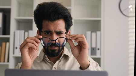 Tired overworked man Indian Arabian businessman working on laptop in glasses confused business employer taking off eyeglasses eyes problem blurry vision check eyesight eye laser correction health careの写真素材
