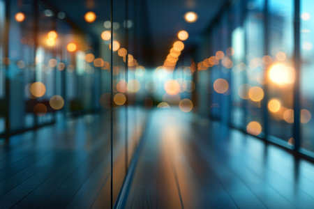 A large, empty office room with a sun shining through the windows. Modern space is made of glass and has a shiny, reflective surfaceの素材