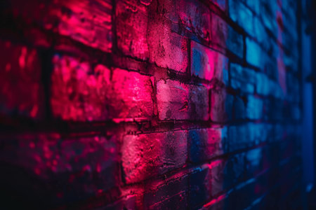 A brick wall with a pink hue and a blurry background. Neon lights. The wall appears to be wet and has a shiny, reflective surface. Scene is one of mystery and intrigue, as the blurry backgroundの素材
