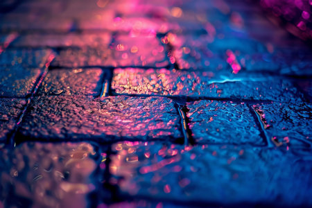 A brick wall with a pink hue and a blurry background. Neon lights. The wall appears to be wet and has a shiny, reflective surface. Scene is one of mystery and intrigue, as the blurry backgroundの素材