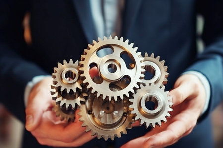 Man holding gear in hands. Teamwork metallic silver equipment industrial progress engineering machine mechanical cog wheel technology steel power transmission motion circle construction developmentの素材